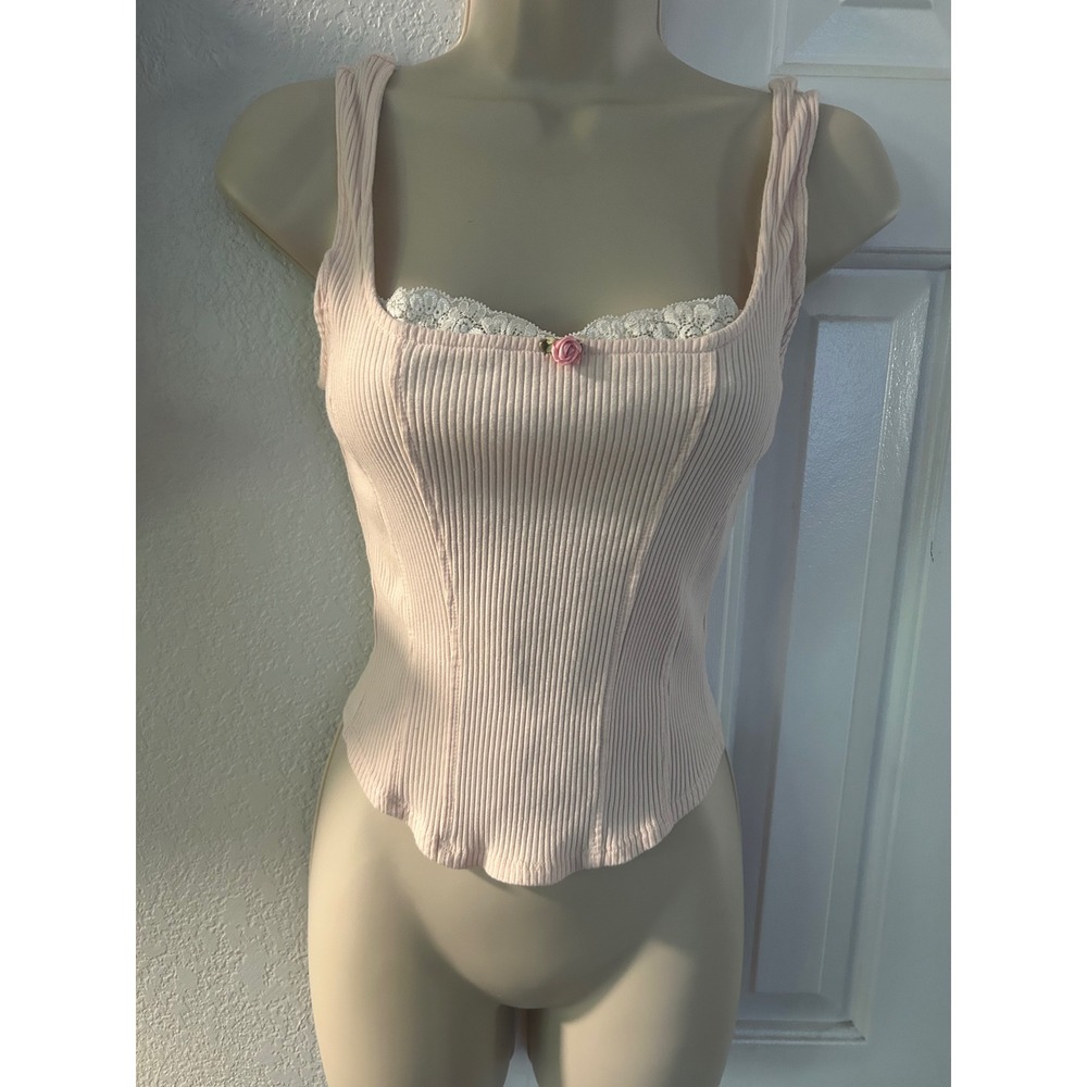 Pink Ribbed Lace Trim Rosette Corset Tank Top Coquette Balletcore Sleeveless
